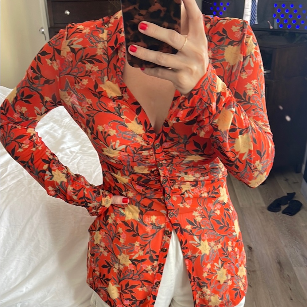 FREE PEOPLE sheer Floral Button-Up top